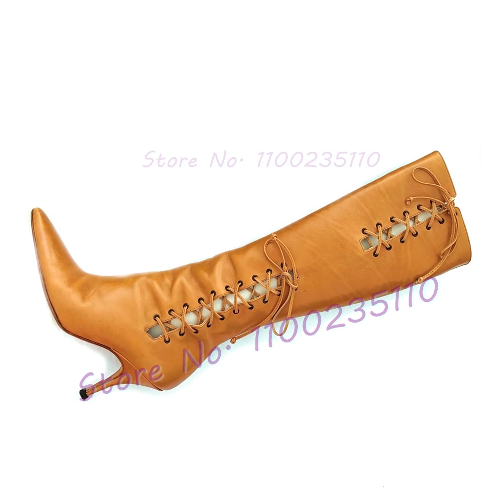 Tan Cross Tied Knee High Boots - Crossfit Outfit avis et prix