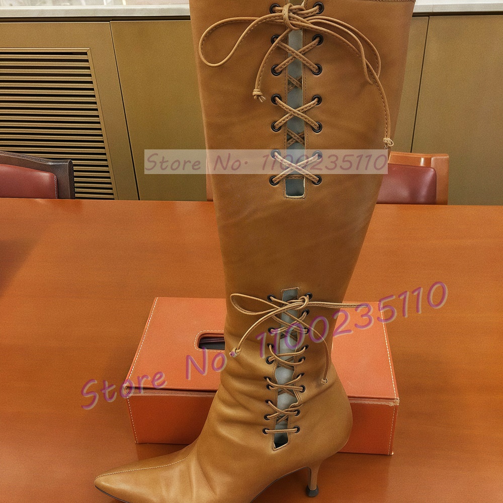 Tan Cross Tied Knee High Boots - Crossfit Outfit avis et prix